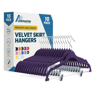 Lifemaster Velvet Skirt Hangers – With Adjustable Clips, 360 Degree Swivel Hook, and Non-Slip Shoulder Notch, Holds Up To 10 lbs, For Organizing Skirt, Pants, Dress, and Clothes