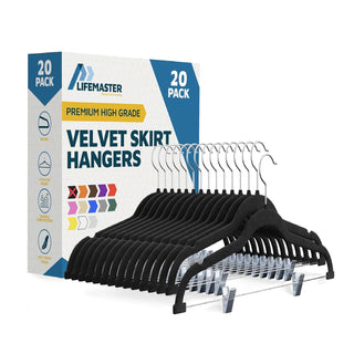 Velvet Skirt Hangers – with Adjustable Clips, 360 Degree Swivel Hook, and Non-Slip Shoulder Notch, Holds Up to 5 lbs, for Organizing Skirt, Pants, Dress, and Clothes, Black