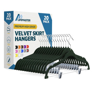 Lifemaster Velvet Skirt Hangers – With Adjustable Clips, 360 Degree Swivel Hook, and Non-Slip Shoulder Notch, Holds Up To 10 lbs, For Organizing Skirt, Pants, Dress, and Clothes