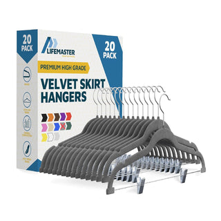 Velvet Skirt Hangers – with Adjustable Clips, 360 Degree Swivel Hook, and Non-Slip Shoulder Notch, Holds Up to 5 lbs, for Organizing Skirt, Pants, Dress, and Clothes, Gray