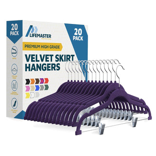 Lifemaster Velvet Skirt Hangers – With Adjustable Clips, 360 Degree Swivel Hook, and Non-Slip Shoulder Notch, Holds Up To 10 lbs, For Organizing Skirt, Pants, Dress, and Clothes