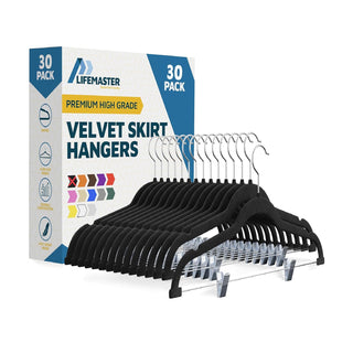 Velvet Skirt Hangers – with Adjustable Clips, 360 Degree Swivel Hook, and Non-Slip Shoulder Notch, Holds Up to 5 lbs, for Organizing Skirt, Pants, Dress, and Clothes, Black