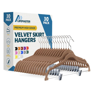 Lifemaster Velvet Skirt Hangers – With Adjustable Clips, 360 Degree Swivel Hook, and Non-Slip Shoulder Notch, Holds Up To 10 lbs, For Organizing Skirt, Pants, Dress, and Clothes