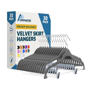 Velvet Skirt Hangers – with Adjustable Clips, 360 Degree Swivel Hook, and Non-Slip Shoulder Notch, Holds Up to 5 lbs, for Organizing Skirt, Pants, Dress, and Clothes, Gray