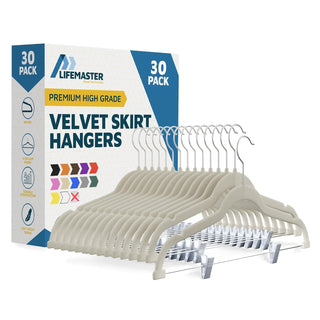 Lifemaster Velvet Skirt Hangers – With Adjustable Clips, 360 Degree Swivel Hook, and Non-Slip Shoulder Notch, Holds Up To 10 lbs, For Organizing Skirt, Pants, Dress, and Clothes