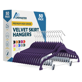 Lifemaster Velvet Skirt Hangers – With Adjustable Clips, 360 Degree Swivel Hook, and Non-Slip Shoulder Notch, Holds Up To 10 lbs, For Organizing Skirt, Pants, Dress, and Clothes