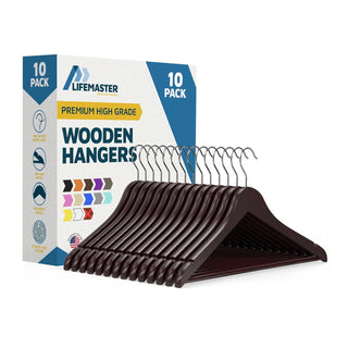Lifemaster Wooden Hanger Set -  Non-Slip Versatile Closet Space-Saving Hanger Set for Suit, Coat, Camisole, Jacket, Pants, and Dresses with 360° Swivel Hook - Cherry