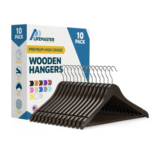 Lifemaster Wooden Hanger Set - Non-Slip Versatile Closet Space-Saving Hanger Set for Suit, Coat, Camisole, Jacket, Pants, and Dresses with 360° Swivel Hook - Vintage