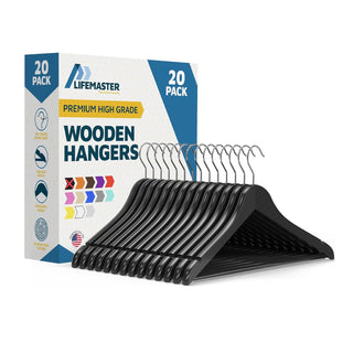 Lifemaster Wooden Hanger Set - Non-Slip Versatile Closet Space-Saving Hanger Set for Suit, Coat, Camisole, Jacket, Pants, and Dresses with 360° Swivel Hook - Black