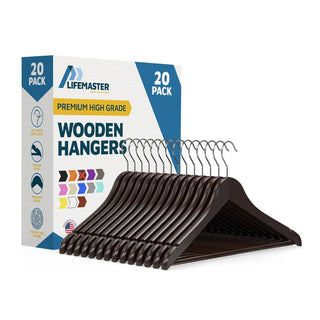 Lifemaster Wooden Clothes Hangers – With 360 Degree Swivel Hook and Non-Slip Shoulder Notch, Holds Up To 10 lbs, Pants Bar Design, For Organizing Suit, Dress, Coat, and Clothes, Brown