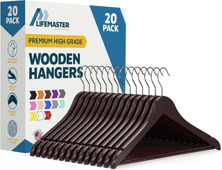 Lifemaster Wooden Hanger Set -  Non-Slip Versatile Closet Space-Saving Hanger Set for Suit, Coat, Camisole, Jacket, Pants, and Dresses with 360° Swivel Hook - Cherry