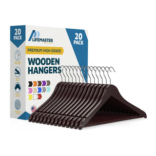 Lifemaster Wooden Hanger Set -  Non-Slip Versatile Closet Space-Saving Hanger Set for Suit, Coat, Camisole, Jacket, Pants, and Dresses with 360° Swivel Hook - Cherry