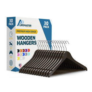 Lifemaster Wooden Clothes Hangers – With 360 Degree Swivel Hook and Non-Slip Shoulder Notch, Holds Up To 10 lbs, Pants Bar Design, For Organizing Suit, Dress, Coat, and Clothes, Brown