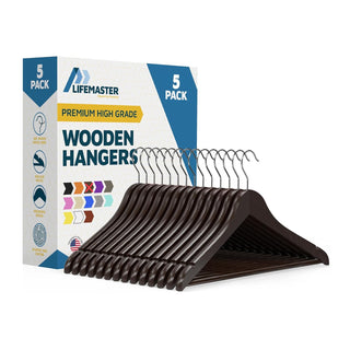 Lifemaster Wooden Clothes Hangers – With 360 Degree Swivel Hook and Non-Slip Shoulder Notch, Holds Up To 10 lbs, Pants Bar Design, For Organizing Suit, Dress, Coat, and Clothes, Brown
