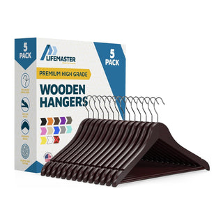 Lifemaster Wooden Hanger Set -  Non-Slip Versatile Closet Space-Saving Hanger Set for Suit, Coat, Camisole, Jacket, Pants, and Dresses with 360° Swivel Hook - Cherry