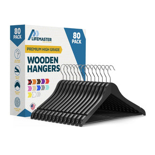 Lifemaster Wooden Hanger Set - Non-Slip Versatile Closet Space-Saving Hanger Set for Suit, Coat, Camisole, Jacket, Pants, and Dresses with 360° Swivel Hook - Black