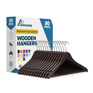 Lifemaster Wooden Clothes Hangers – With 360 Degree Swivel Hook and Non-Slip Shoulder Notch, Holds Up To 10 lbs, Pants Bar Design, For Organizing Suit, Dress, Coat, and Clothes, Brown