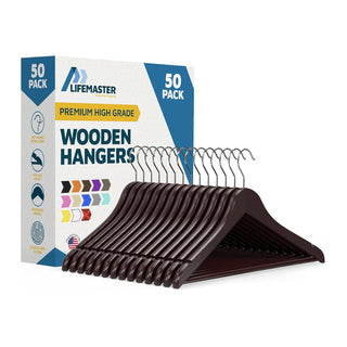 Lifemaster Wooden Hanger Set -  Non-Slip Versatile Closet Space-Saving Hanger Set for Suit, Coat, Camisole, Jacket, Pants, and Dresses with 360° Swivel Hook - Cherry