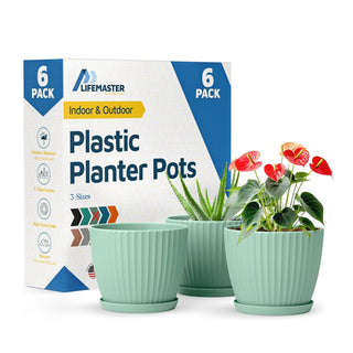 6-Inch Plant Pots with Drainage & Saucers, Indoor & Outdoor Planters for Houseplants, Herbs, and Flowers, Durable & Weatherproof Material, Stackable, Lightweight, Minimalist Design