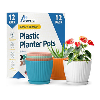 6-Inch Plant Pots with Drainage & Saucers, Indoor & Outdoor Planters for Houseplants, Herbs, and Flowers, Durable & Weatherproof Material, Stackable, Lightweight, Minimalist Design