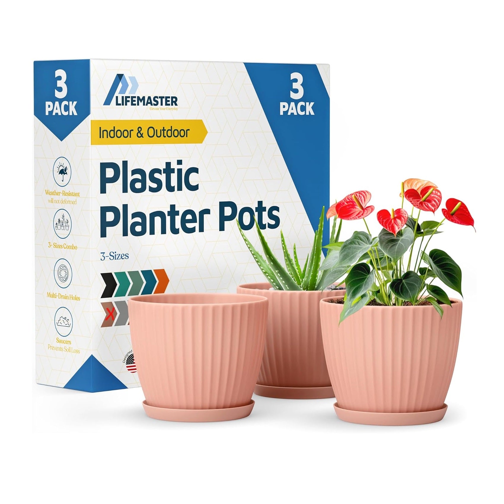 pink outdoor plant pots 6-Inch Plant Pots with Drainage & Saucers, Indoor & Outdoor Planters f – Life Master