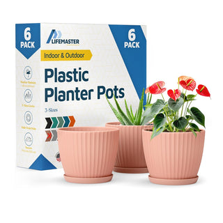 6-Inch Plant Pots with Drainage & Saucers, Indoor & Outdoor Planters for Houseplants, Herbs, and Flowers, Durable & Weatherproof Material, Stackable, Lightweight, Minimalist Design