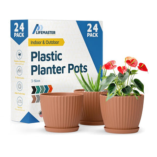 6-Inch Plant Pots with Drainage & Saucers, Indoor & Outdoor Planters for Houseplants, Herbs, and Flowers, Durable & Weatherproof Material, Stackable, Lightweight, Minimalist Design
