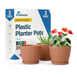 6-Inch Plant Pots with Drainage & Saucers, Indoor & Outdoor Planters for Houseplants, Herbs, and Flowers, Durable & Weatherproof Material, Stackable, Lightweight, Minimalist Design