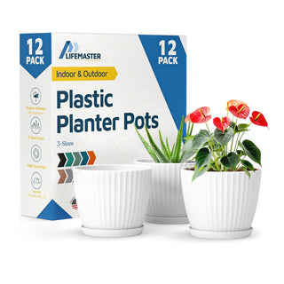 6-Inch Plant Pots with Drainage & Saucers, Indoor & Outdoor Planters for Houseplants, Herbs, and Flowers, Durable & Weatherproof Material, Stackable, Lightweight, Minimalist Design
