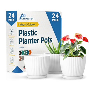 6-Inch Plant Pots with Drainage & Saucers, Indoor & Outdoor Planters for Houseplants, Herbs, and Flowers, Durable & Weatherproof Material, Stackable, Lightweight, Minimalist Design