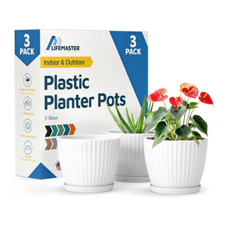 6-Inch Plant Pots with Drainage & Saucers, Indoor & Outdoor Planters for Houseplants, Herbs, and Flowers, Durable & Weatherproof Material, Stackable, Lightweight, Minimalist Design
