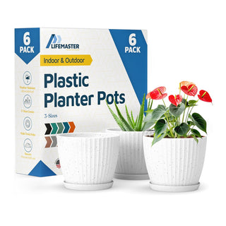 6-Inch Plant Pots with Drainage & Saucers, Indoor & Outdoor Planters for Houseplants, Herbs, and Flowers, Durable & Weatherproof Material, Stackable, Lightweight, Minimalist Design