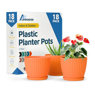 6-Inch Plant Pots with Drainage & Saucers, Indoor & Outdoor Planters for Houseplants, Herbs, and Flowers, Durable & Weatherproof Material, Stackable, Lightweight, Minimalist Design