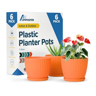 6-Inch Plant Pots with Drainage & Saucers, Indoor & Outdoor Planters for Houseplants, Herbs, and Flowers, Durable & Weatherproof Material, Stackable, Lightweight, Minimalist Design