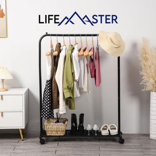 Lifemaster Alloy Steel Clothes Rack - Ample Storage Space, Simple Assembly, Hanging Garment and Clothes Rolling Rack with Wheels - Black