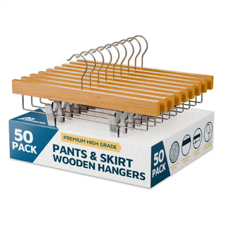 50 Pack Natural Wooden Pants Hangers, Lotus Wood Clip Hangers for Clothes