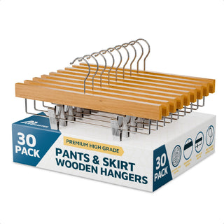 30 Pack Natural Wooden Pants Hangers, Lotus Wood Clip Hangers for Clothes