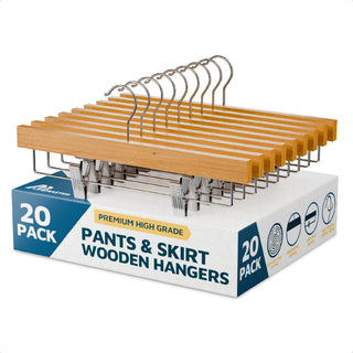 20 Pack Natural Wooden Pants Hangers, Lotus Wood Clip Hangers for Clothes