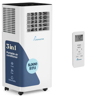 Lifemaster 3-in-1 Portable Air Conditioner, 10,000 BTU Rolling AC Unit with Cooling, Fan and Dehumidifier for Rooms up to 450 Sq. Ft., Remote Control, Digital Touch Panel, Window Kit Included, White