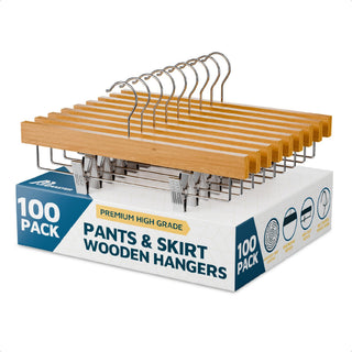 100 Pack Natural Wooden Pants Hangers, Lotus Wood Clip Hangers for Clothes
