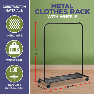 Lifemaster Alloy Steel Clothes Rack - Ample Storage Space, Simple Assembly, Hanging Garment and Clothes Rolling Rack with Wheels - Black