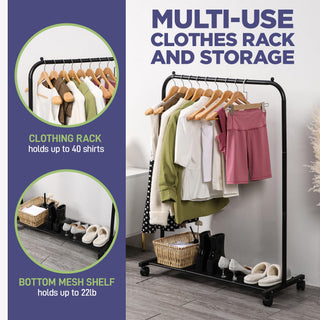 Lifemaster Alloy Steel Clothes Rack - Ample Storage Space, Simple Assembly, Hanging Garment and Clothes Rolling Rack with Wheels - Black