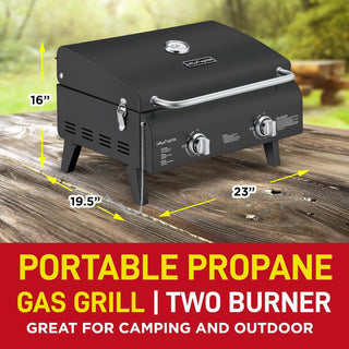 Portable Stainless Steel Propane Gas Grill – 2-burner Tabletop BBQ with Foldable Legs, Easy-Clean Design & Wind-Resistant Lid – Ideal for Camping & Outdoor Cooking – Black