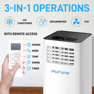 Lifemaster 3-in-1 Portable Air Conditioner, 8,000 BTU Rolling AC Unit with Cooling, Fan and Dehumidifier for Rooms up to 250 Sq. Ft., Remote Control, Digital Touch Panel, Window Kit Included, White