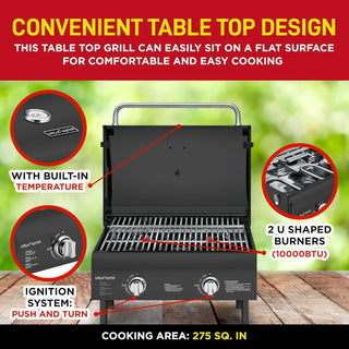 Portable Stainless Steel Propane Gas Grill – 2-burner Tabletop BBQ with Foldable Legs, Easy-Clean Design & Wind-Resistant Lid – Ideal for Camping & Outdoor Cooking – Black