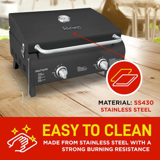 Portable Stainless Steel Propane Gas Grill – 2-burner Tabletop BBQ with Foldable Legs, Easy-Clean Design & Wind-Resistant Lid – Ideal for Camping & Outdoor Cooking – Black