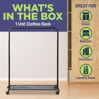 Lifemaster Alloy Steel Clothes Rack - Ample Storage Space, Simple Assembly, Hanging Garment and Clothes Rolling Rack with Wheels - Black