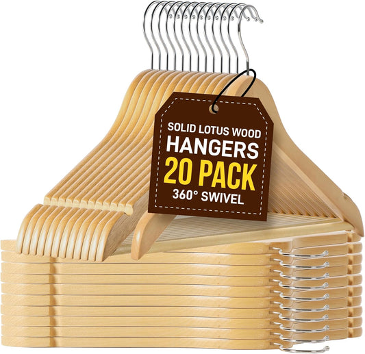 Lifemaster Tough Long Lasting Solid Maple Wooden Clothes Hangers - Natural Wood Hangers with Rotating Swivel Hooks and Built-In Notches to Organize Jackets, Shirts, and Pants